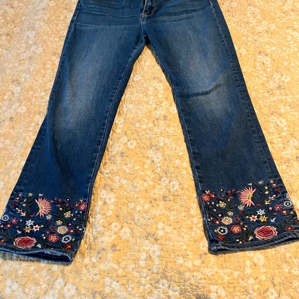 DRIFTWOOD Blue Flare Jeans with Floral Embroidery